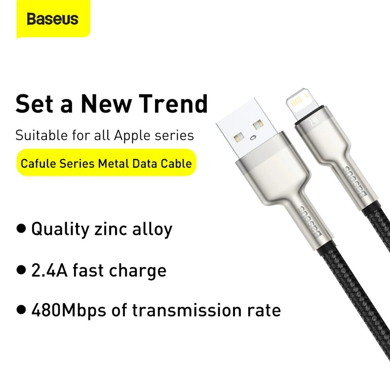BASEUS greito įkrovimo ir duomenų perdavimo kabelis Cafule USB Type-A – Lightning, 480Mbps (2.4A PD), 1m, juodas