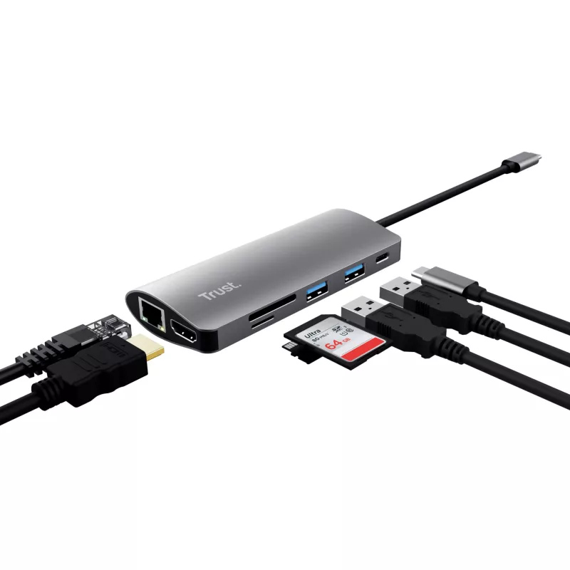 Trust Dalyx 23775 USB-C adapteris 7 viename su keliais prievadais, USB-C 3.2, HDMI, RJ-45 Gigabit Ethernet, SD/microSD skaitytuvas, sidabro spalvos