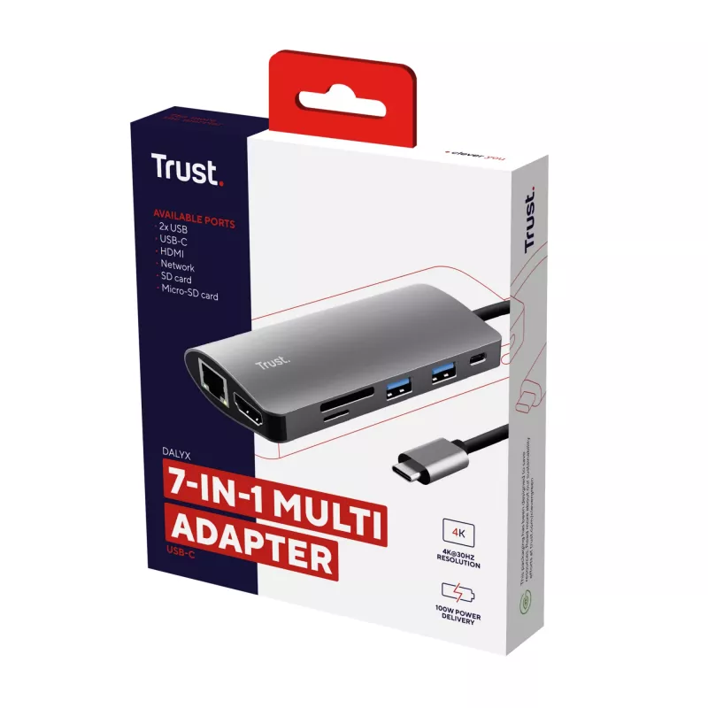 Trust Dalyx 23775 USB-C adapteris 7 viename su keliais prievadais, USB-C 3.2, HDMI, RJ-45 Gigabit Ethernet, SD/microSD skaitytuvas, sidabro spalvos
