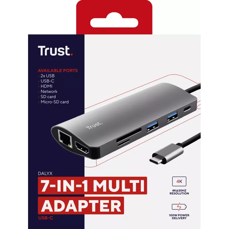 Trust Dalyx 23775 USB-C adapteris 7 viename su keliais prievadais, USB-C 3.2, HDMI, RJ-45 Gigabit Ethernet, SD/microSD skaitytuvas, sidabro spalvos