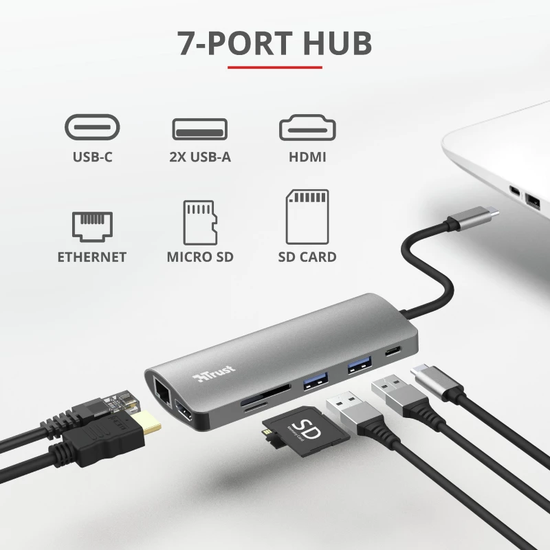 Trust Dalyx 23775 USB-C adapteris 7 viename su keliais prievadais, USB-C 3.2, HDMI, RJ-45 Gigabit Ethernet, SD/microSD skaitytuvas, sidabro spalvos