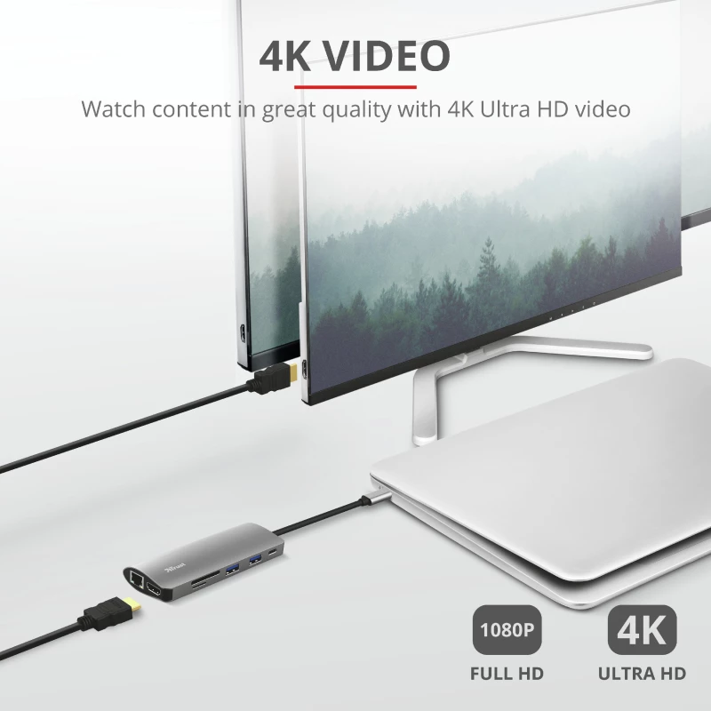 Trust Dalyx 23775 USB-C adapteris 7 viename su keliais prievadais, USB-C 3.2, HDMI, RJ-45 Gigabit Ethernet, SD/microSD skaitytuvas, sidabro spalvos