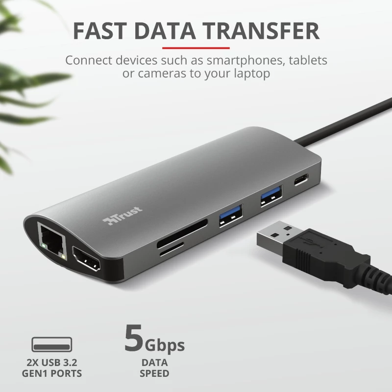 Trust Dalyx 23775 USB-C adapteris 7 viename su keliais prievadais, USB-C 3.2, HDMI, RJ-45 Gigabit Ethernet, SD/microSD skaitytuvas, sidabro spalvos