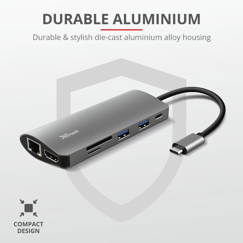 Trust Dalyx 23775 USB-C adapteris 7 viename su keliais prievadais, USB-C 3.2, HDMI, RJ-45 Gigabit Ethernet, SD/microSD skaitytuvas, sidabro spalvos