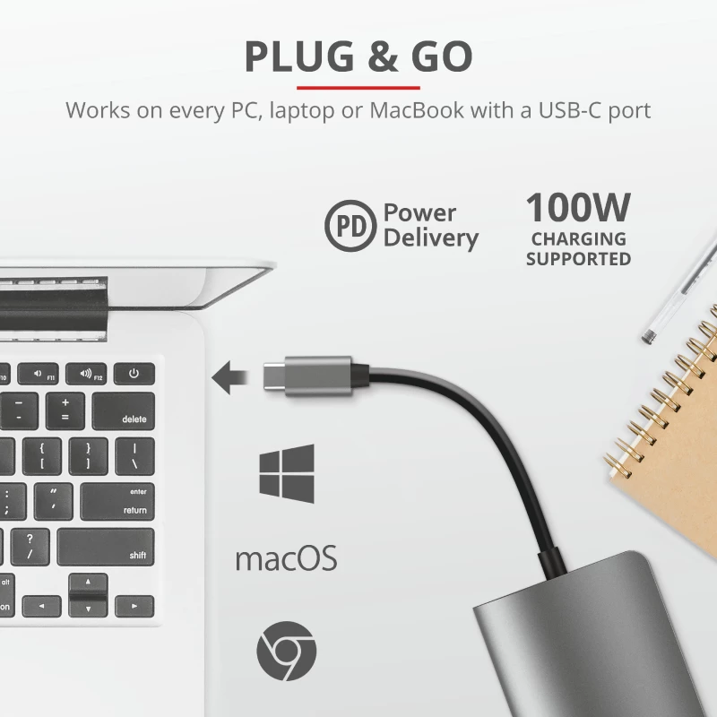 Trust Dalyx 23775 USB-C adapteris 7 viename su keliais prievadais, USB-C 3.2, HDMI, RJ-45 Gigabit Ethernet, SD/microSD skaitytuvas, sidabro spalvos