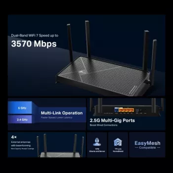 TP-Link Archer BE3600 belaidis maršrutizatorius 2.5 Gigabit Ethernet dviejų juostų (2,4 GHz / 5 GHz) Juodas