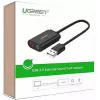 Išorinis USB 2.0 garso adapteris UGREEN 30724 — stereo, ausinių išėjimas, mikrofono įėjimas, 0,15 m laidas, juodas