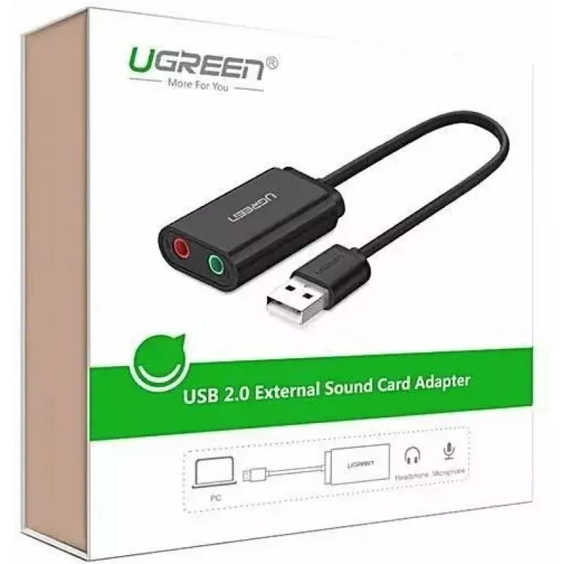 Išorinis USB 2.0 garso adapteris UGREEN 30724 — stereo, ausinių išėjimas, mikrofono įėjimas, 0,15 m laidas, juodas