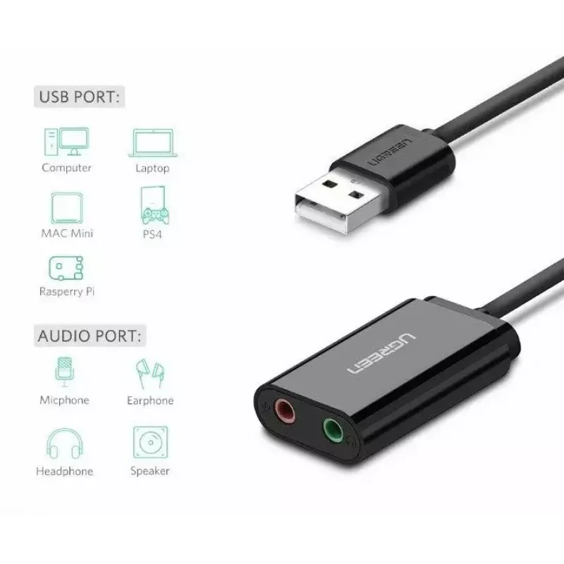 Išorinis USB 2.0 garso adapteris UGREEN 30724 — stereo, ausinių išėjimas, mikrofono įėjimas, 0,15 m laidas, juodas