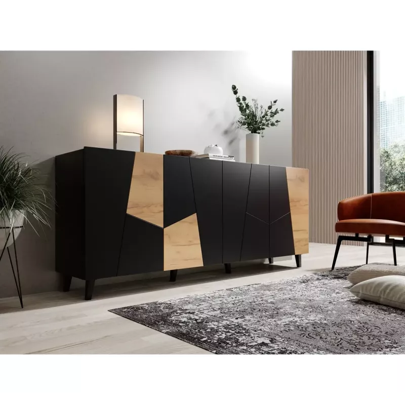 Komoda cama meble ETNA 200x42x82 cm, juoda matinė su ąžuolo raštu, medžio drožlių plokštė