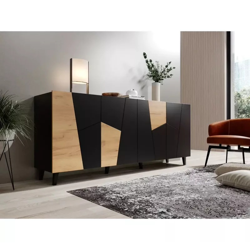 Komoda cama meble ETNA 200x42x82 cm, juoda matinė su ąžuolo raštu, medžio drožlių plokštė
