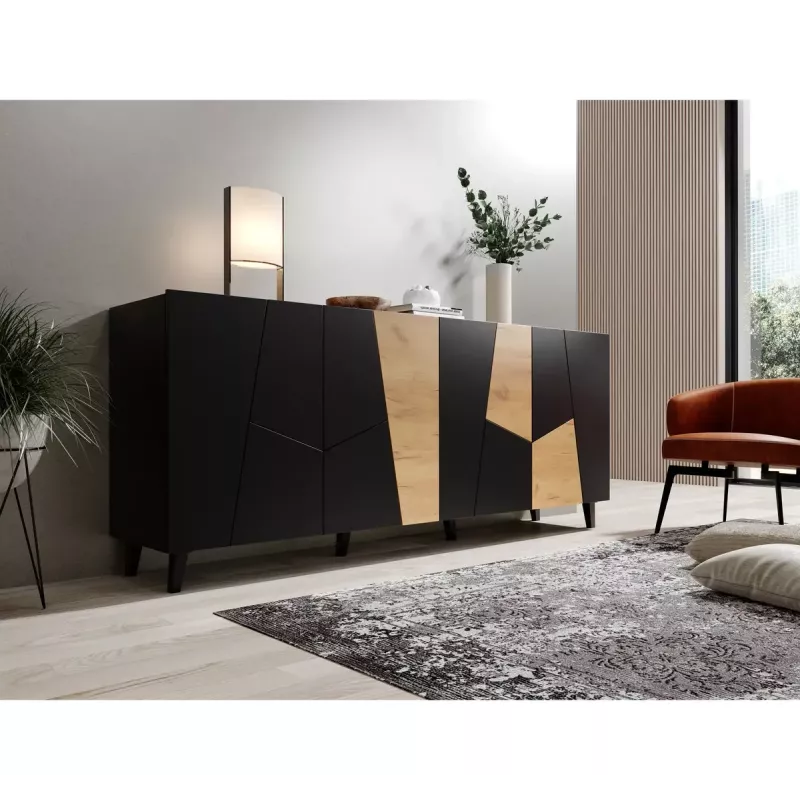 Komoda cama meble ETNA 200x42x82 cm, juoda matinė su ąžuolo raštu, medžio drožlių plokštė