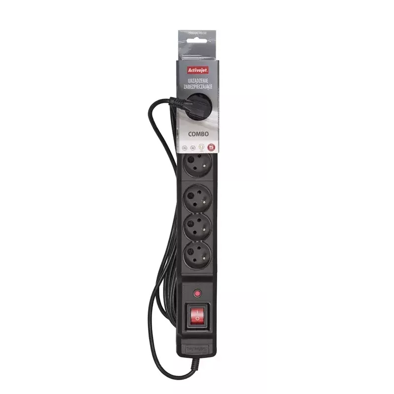 Maitinimo juosta ActiveJet COMBO 6GN 3M – 6 kištukinių lizdų, 3 m laidas, 10 A, 230 V, juoda