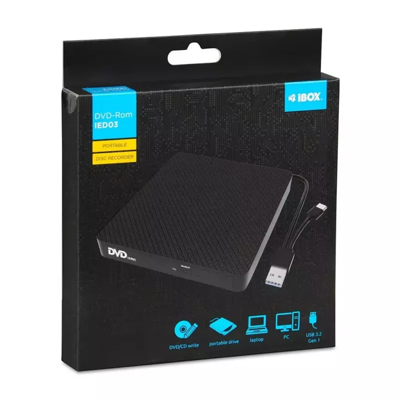 Išorinis optinis diskų įrenginys IBOX IED03 DVD±RW USB 3.1 Gen1 (USB-C) juodas, dėklas, 24x CD / 8x DVD
