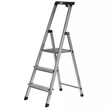 Sulankstomos kopėčios Krause 126313 – aliumininės 3 pakopų, max aukštis 140 cm, apkrova 150 kg, neslidūs laipteliai ir kojelės