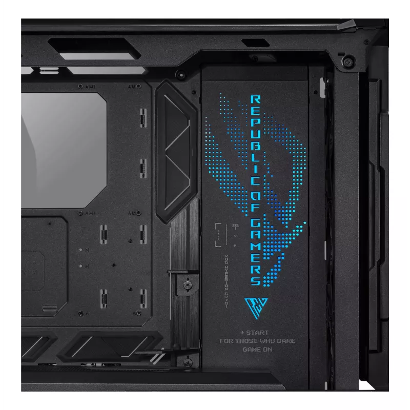 Korpusas ASUS ROG Hyperion GR701 BTF Edition bokštinis — juodas, grūdintas stiklas, E-ATX/ATX/microATX, 46 cm GPU, 420 mm radiatoriaus palaikymas