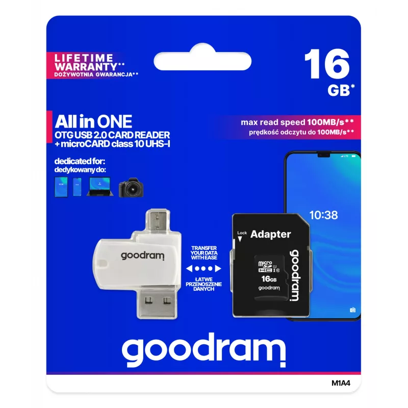 Goodram M1A4 All in One 16 GB MicroSDHC UHS-I Class 10 atminties kortelė su skaitytuvu