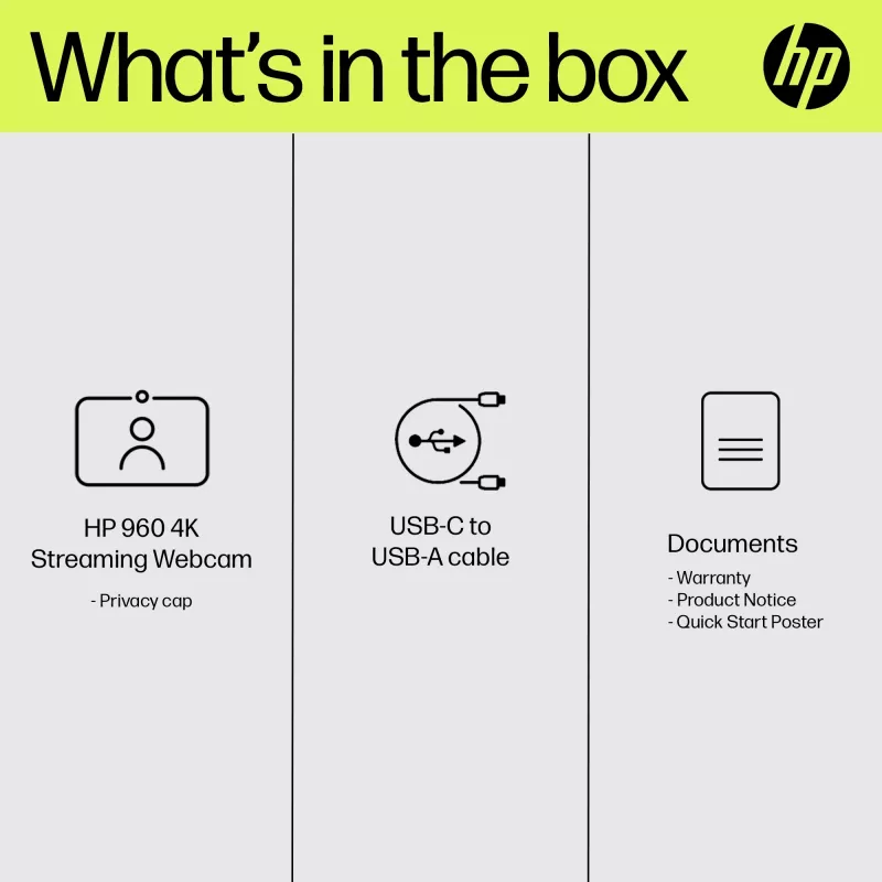 HP 960 4K srautinė internetinė kamera, 8 MP, 3840 x 2160 pikselių, 4K Ultra HD, 30 kadrų/s, 5x, skirta namams