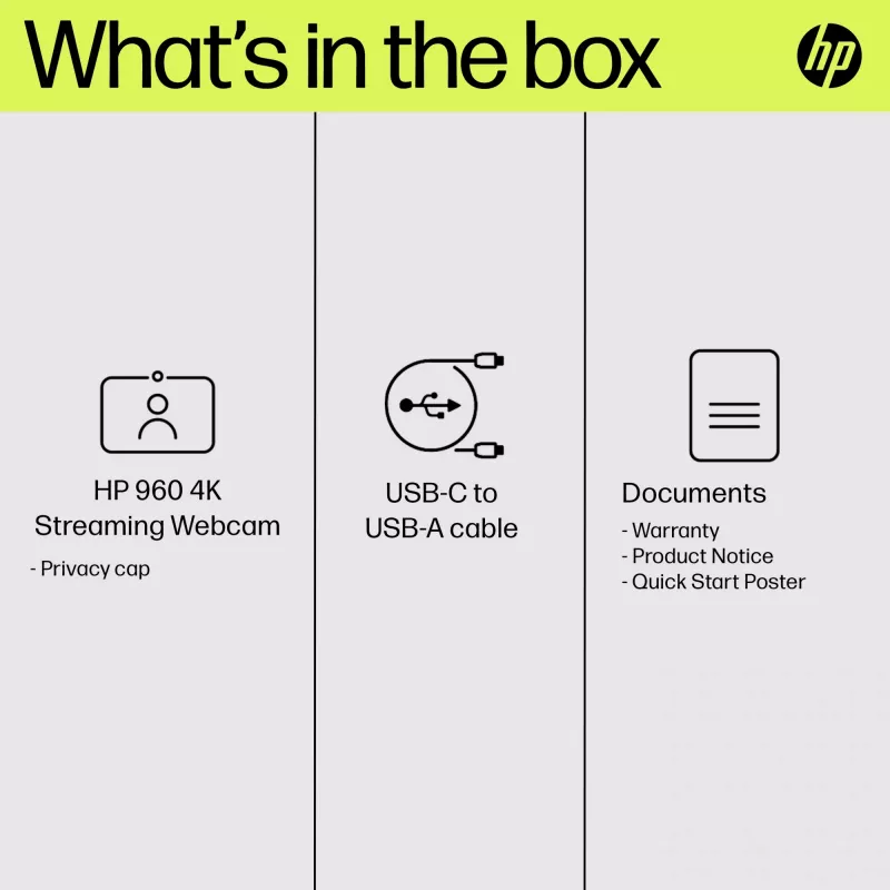 HP 960 4K srautinė internetinė kamera, 8 MP, 3840 x 2160 pikselių, 4K Ultra HD, 30 kadrų/s, 5x, skirta namams