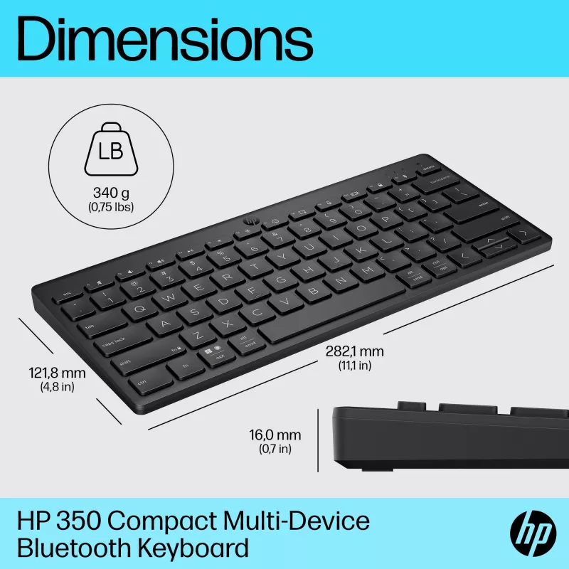 HP 350 kompaktiška belaidė Bluetooth klaviatūra keliems įrenginiams, QWERTY, juoda