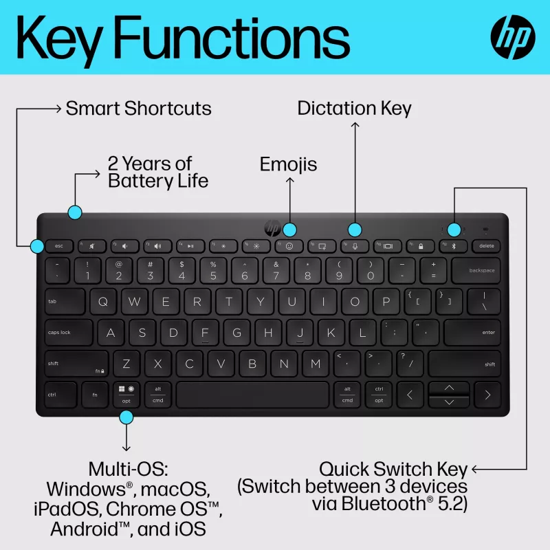 HP 350 kompaktiška belaidė Bluetooth klaviatūra keliems įrenginiams, QWERTY, juoda