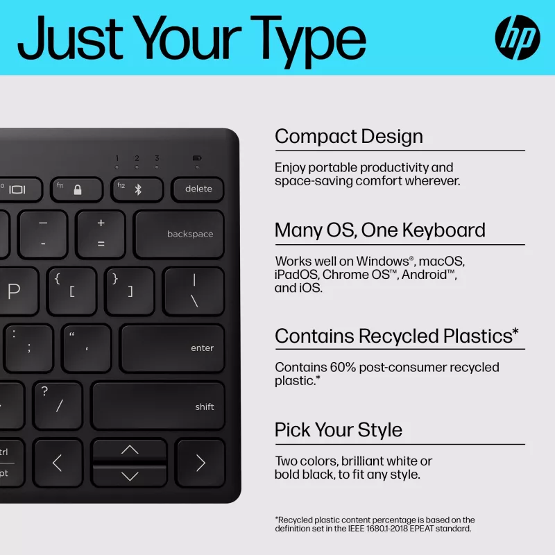 HP 350 kompaktiška belaidė Bluetooth klaviatūra keliems įrenginiams, QWERTY, juoda