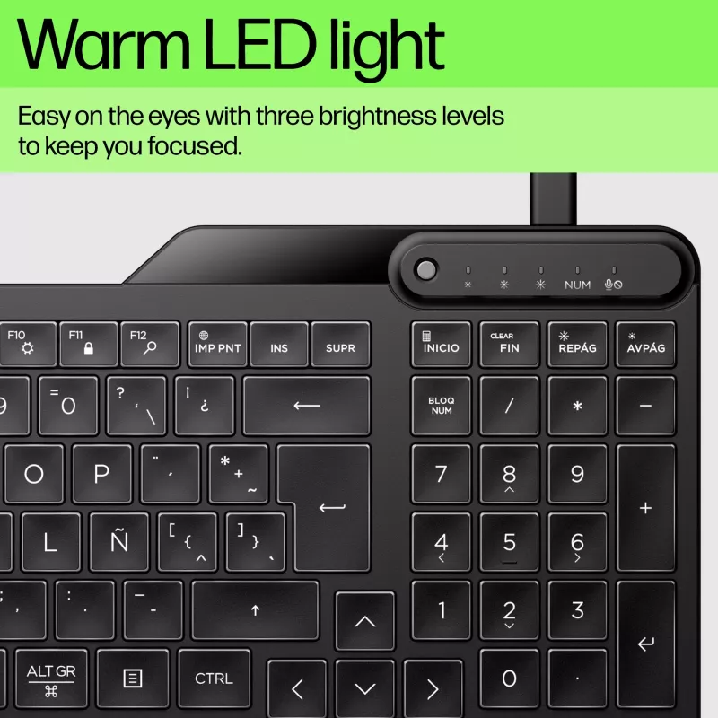 HP 400 apšviesta laidinė klaviatūra, pilno dydžio (100 %), laidinė, USB, membraninė, QWERTY, juoda
