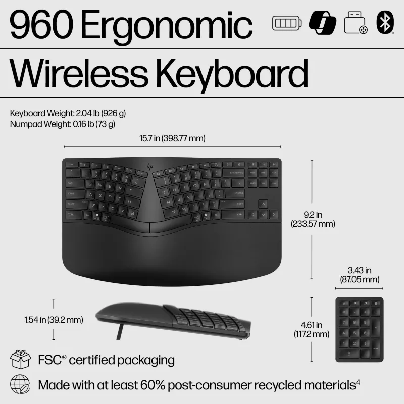 HP 960 ergonominė belaidė klaviatūra, pilno dydžio (100 %), belaidė, RF belaidė + Bluetooth, membraninė, QWERTY, juoda