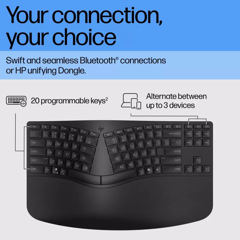 HP 965 ergonominė belaidė klaviatūra, pilno dydžio (100 %), belaidė, RF belaidė + Bluetooth, membraninė, QWERTY, juoda
