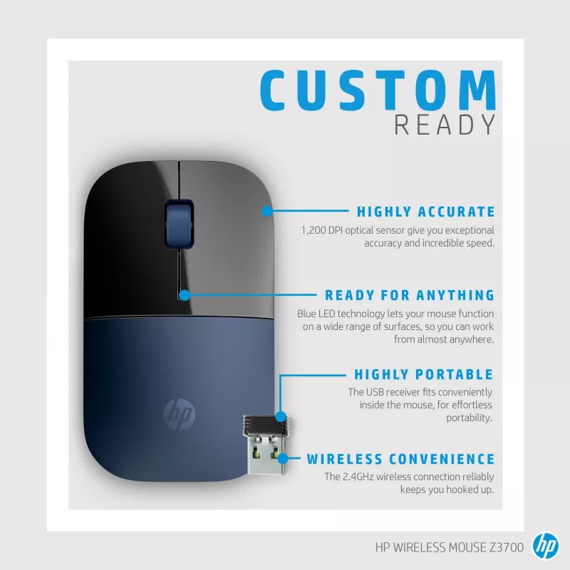 Belaidė pelė HP Wireless Mouse Z3700, ambidekstrinė, mėlynas LED, RF belaidis, 1200 DPI, juoda, mėlyna
