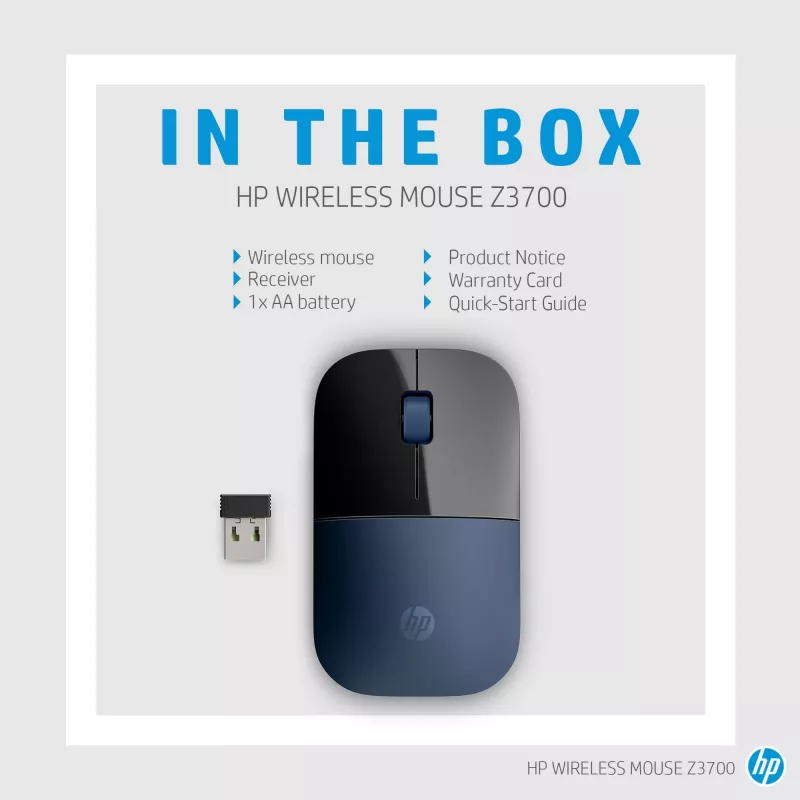 Belaidė pelė HP Wireless Mouse Z3700, ambidekstrinė, mėlynas LED, RF belaidis, 1200 DPI, juoda, mėlyna