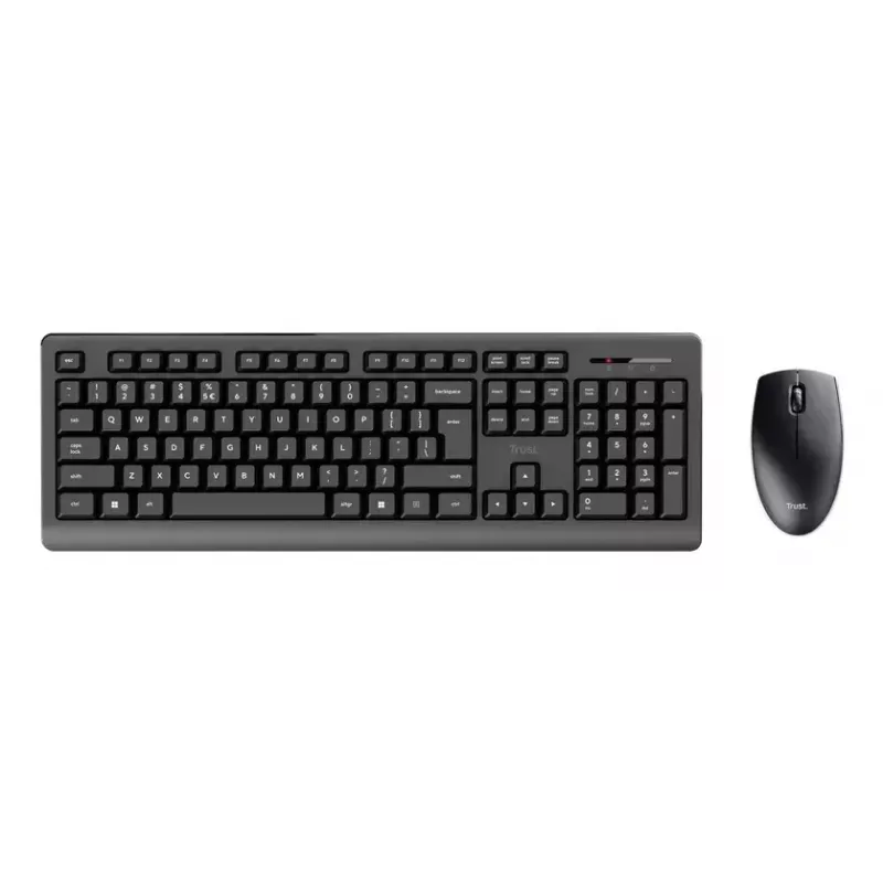 Belaidis klaviatūros ir pelės rinkinys TRUST Primo – Pilno dydžio QWERTY US anglų klaviatūra, RF USB-A imtuvas, 1200 DPI optinė pelė, juoda