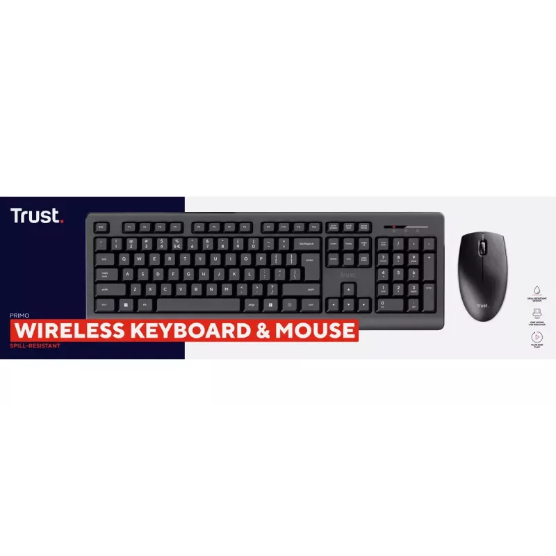 Belaidis klaviatūros ir pelės rinkinys TRUST Primo – Pilno dydžio QWERTY US anglų klaviatūra, RF USB-A imtuvas, 1200 DPI optinė pelė, juoda