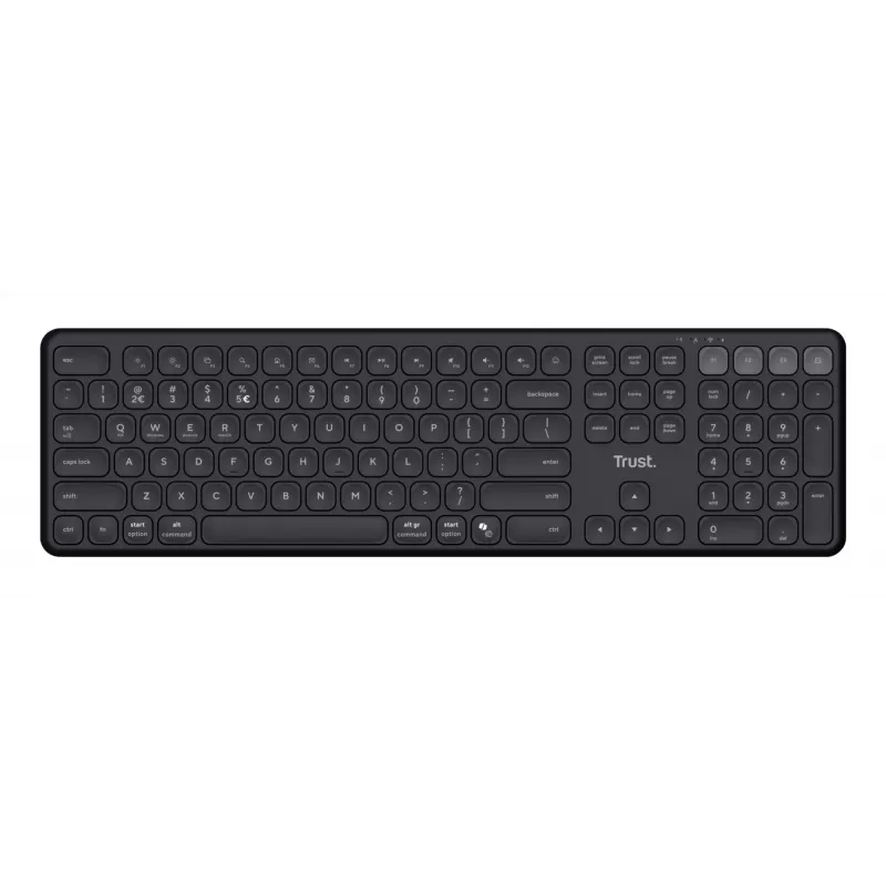 Trust Vaiya 25511 belaidė klaviatūra keliems įrenginiams, USB RF + Bluetooth, JAV išdėstymas, skaičių blokas, įmontuotas įkraunamas akumuliatorius, juoda