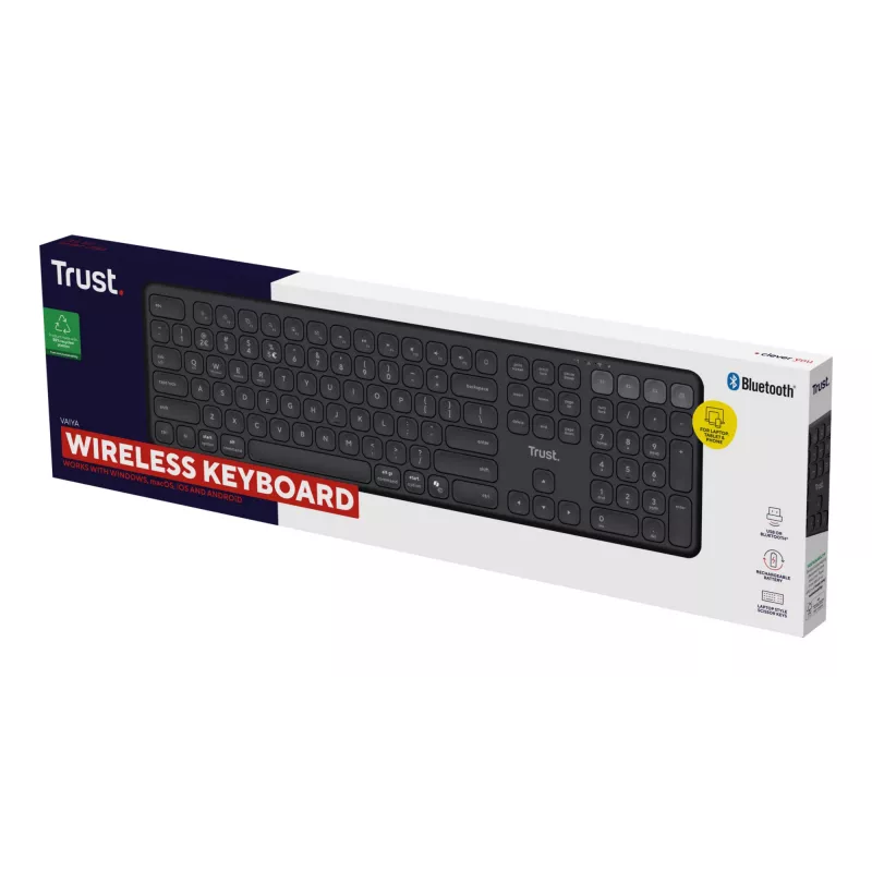 Trust Vaiya 25511 belaidė klaviatūra keliems įrenginiams, USB RF + Bluetooth, JAV išdėstymas, skaičių blokas, įmontuotas įkraunamas akumuliatorius, juoda