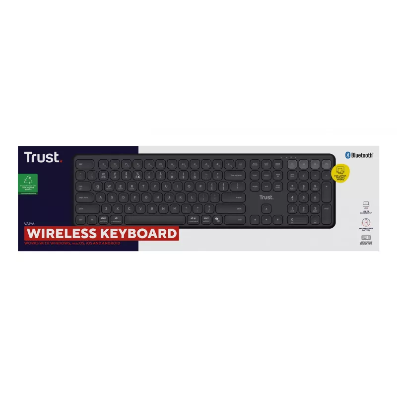 Trust Vaiya 25511 belaidė klaviatūra keliems įrenginiams, USB RF + Bluetooth, JAV išdėstymas, skaičių blokas, įmontuotas įkraunamas akumuliatorius, juoda
