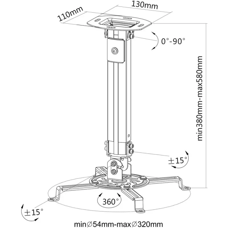 Techly lubinis projektoriaus laikiklis su prailginimu 380-580 mm sidabrinis ICA-PM 18S