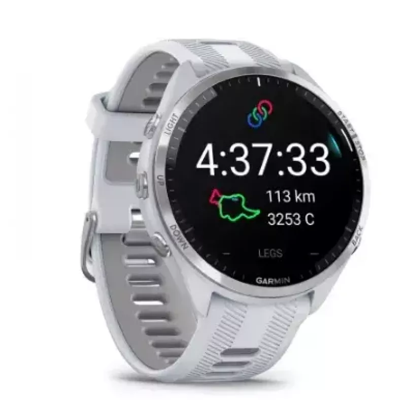 Išmanusis laikrodis GARMIN Forerunner 965 — 47 mm titano korpusas, 1,4 colio AMOLED, 32 GB, 23 dienų baterija, GPS/GLONASS/Galileo, balta silikoninė juosta