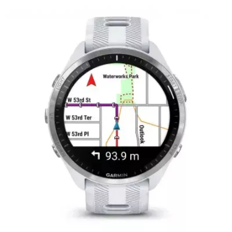 Išmanusis laikrodis GARMIN Forerunner 965 — 47 mm titano korpusas, 1,4 colio AMOLED, 32 GB, 23 dienų baterija, GPS/GLONASS/Galileo, balta silikoninė juosta