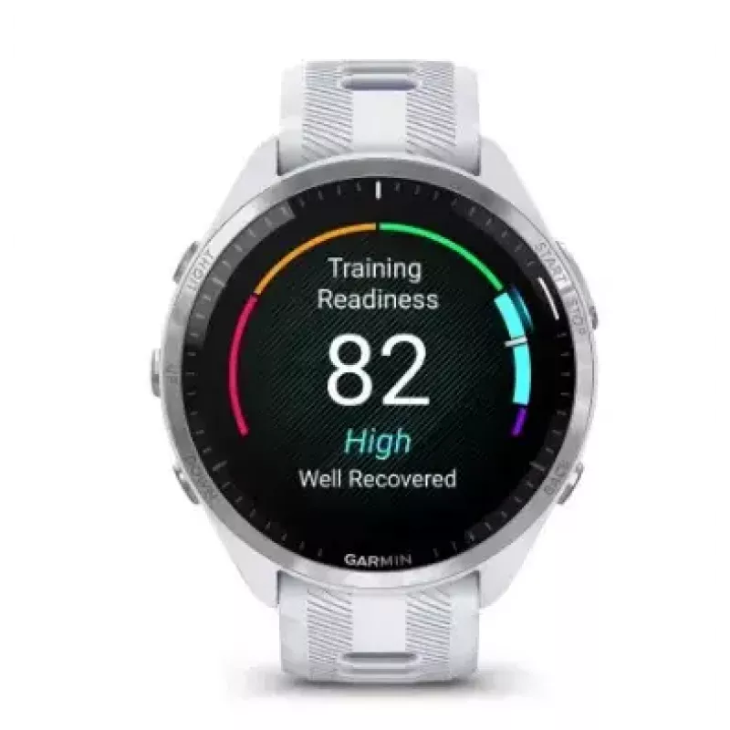 Išmanusis laikrodis GARMIN Forerunner 965 — 47 mm titano korpusas, 1,4 colio AMOLED, 32 GB, 23 dienų baterija, GPS/GLONASS/Galileo, balta silikoninė juosta