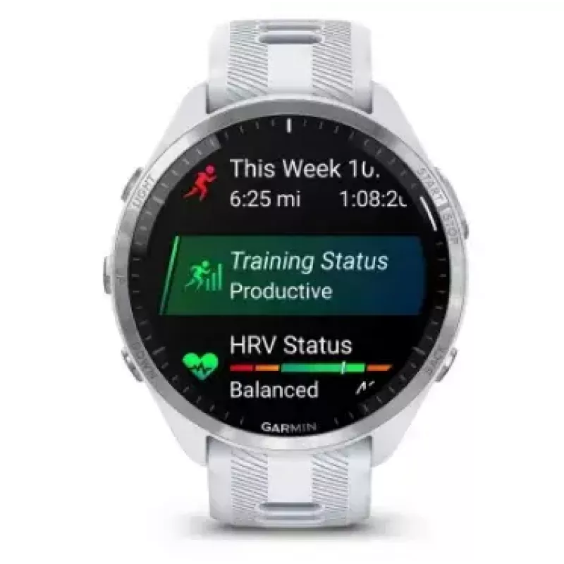 Išmanusis laikrodis GARMIN Forerunner 965 — 47 mm titano korpusas, 1,4 colio AMOLED, 32 GB, 23 dienų baterija, GPS/GLONASS/Galileo, balta silikoninė juosta