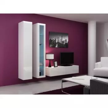 TV stovas Cama Meble VIGO 140, 1400×400×300 mm, baltas blizgus viršus, medžio drožlių plokštė, baltas rėmas