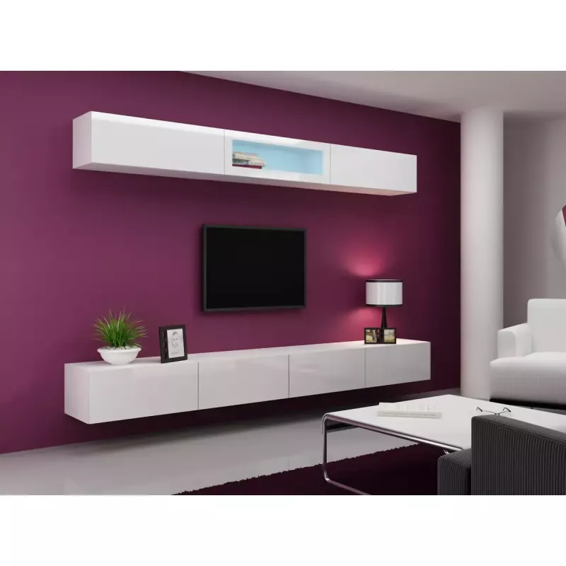 TV stovas Cama Meble VIGO 140, 1400×400×300 mm, baltas blizgus viršus, medžio drožlių plokštė, baltas rėmas