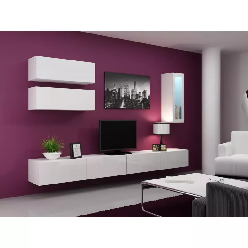 TV stovas Cama Meble VIGO 140, 1400×400×300 mm, baltas blizgus viršus, medžio drožlių plokštė, baltas rėmas