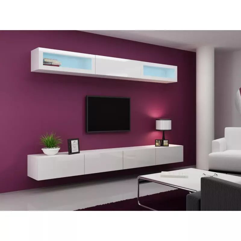 TV stovas Cama Meble VIGO 140, 1400×400×300 mm, baltas blizgus viršus, medžio drožlių plokštė, baltas rėmas