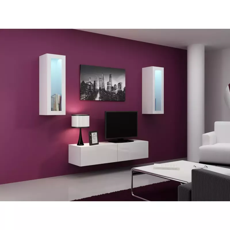 TV stovas Cama Meble VIGO 140, 1400×400×300 mm, baltas blizgus viršus, medžio drožlių plokštė, baltas rėmas