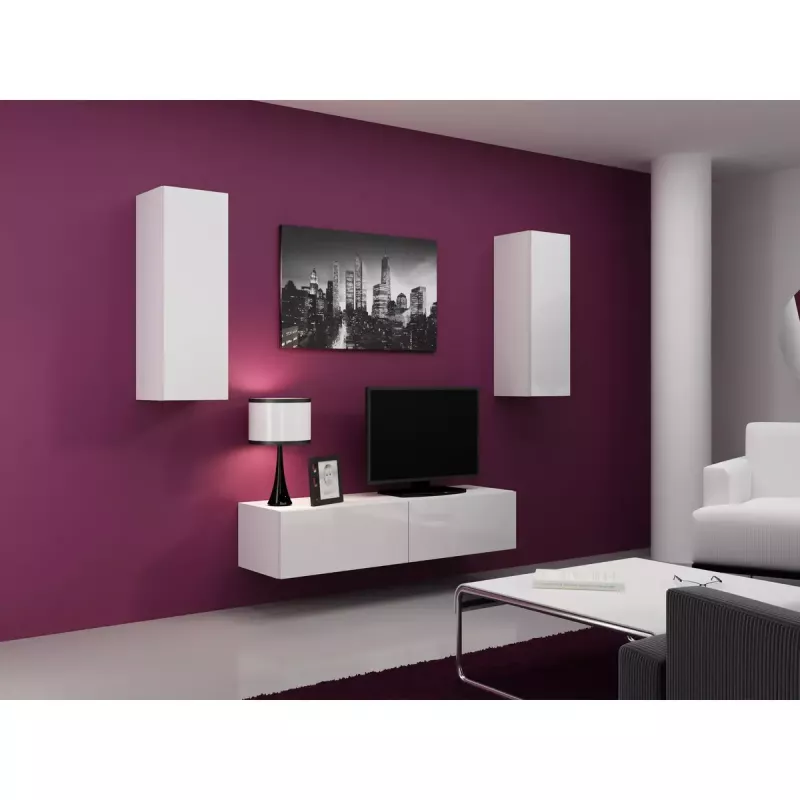TV stovas Cama Meble VIGO 140, 1400×400×300 mm, baltas blizgus viršus, medžio drožlių plokštė, baltas rėmas