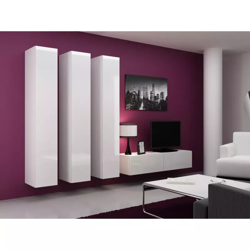 TV stovas Cama Meble VIGO 140, 1400×400×300 mm, baltas blizgus viršus, medžio drožlių plokštė, baltas rėmas