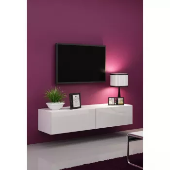 TV stovas Cama Meble VIGO 140, 1400×400×300 mm, baltas blizgus viršus, medžio drožlių plokštė, baltas rėmas