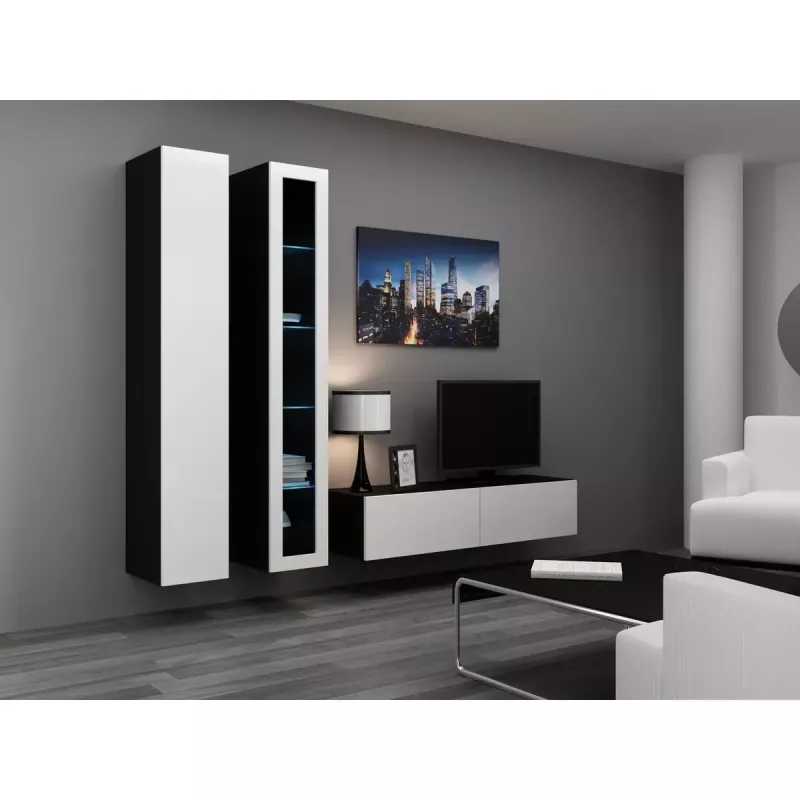 TV stovas cama meble VIGO 140 – 1400×400×300 mm, laminuota medžio drožlių plokštė, juodas/balto blizgesio